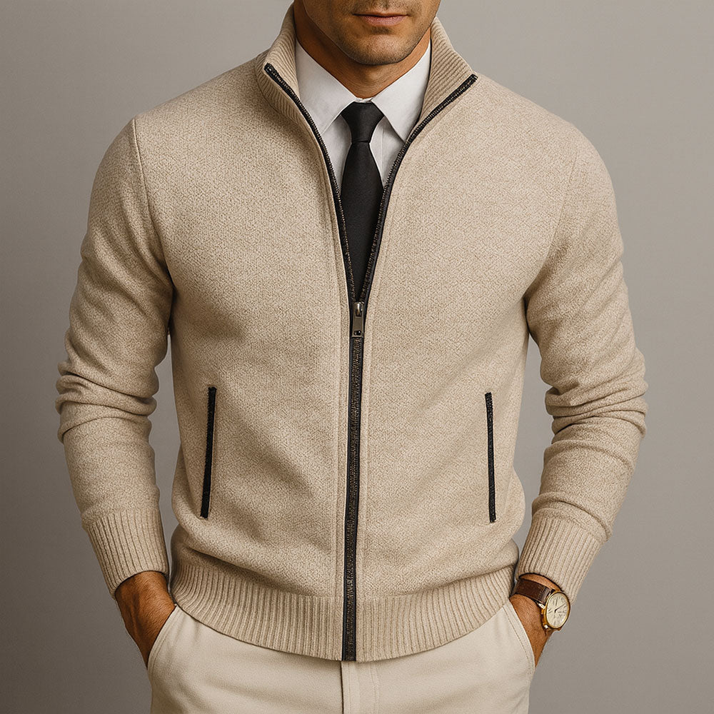 Heren Cardigan met Opstaande Kraag en Ritssluiting Lange Mouw Beige