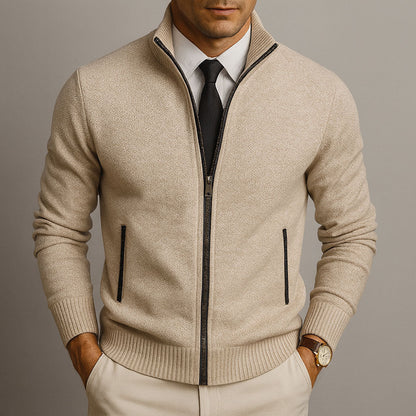 Heren Cardigan met Opstaande Kraag en Ritssluiting Lange Mouw Beige