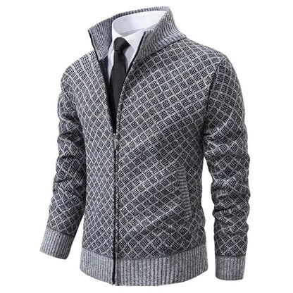Heren Cardigan met Opstaande Kraag, Ritssluiting en Ruitpatroon Grijs