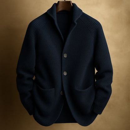 Heren Cardigan met Reverskraag en Zakken Marineblauw