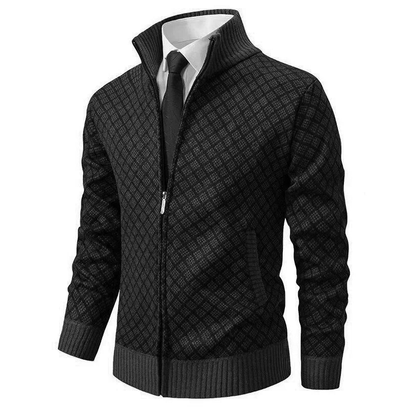 Heren Cardigan met Rits, Staande Kraag en Ruitjespatroon Zwart