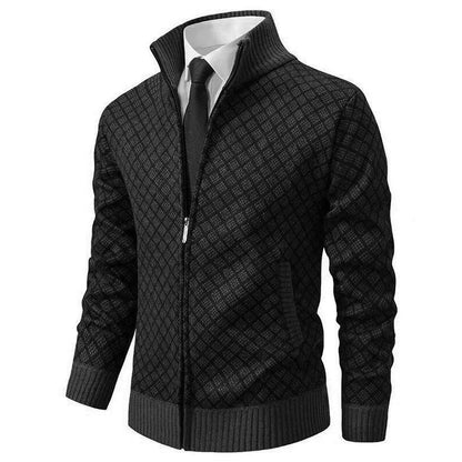 Heren Cardigan met Rits, Staande Kraag en Ruitjespatroon Zwart