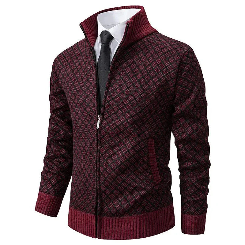 Heren Cardigan met Rits, Staande Kraag en Ruitjespatroon Bordeaux