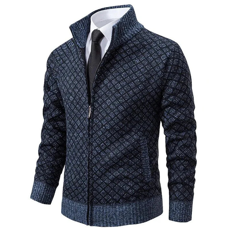 Heren Cardigan met Rits, Staande Kraag en Ruitjespatroon Blauw