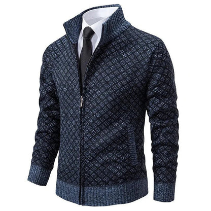Heren Cardigan met Rits, Staande Kraag en Ruitjespatroon Blauw