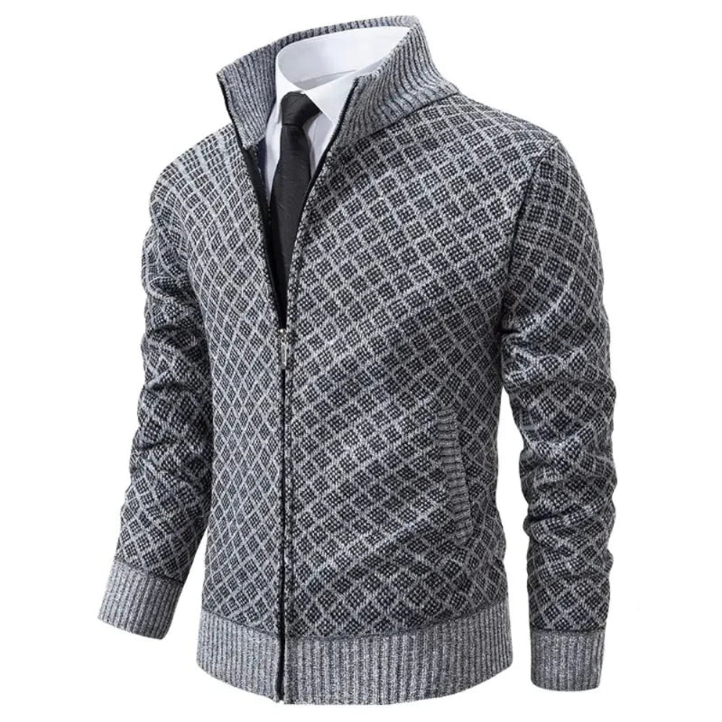 Heren Cardigan met Rits, Staande Kraag en Ruitjespatroon Grijs