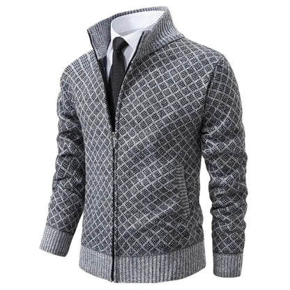 Heren Cardigan met Rits, Staande Kraag en Ruitjespatroon Grijs