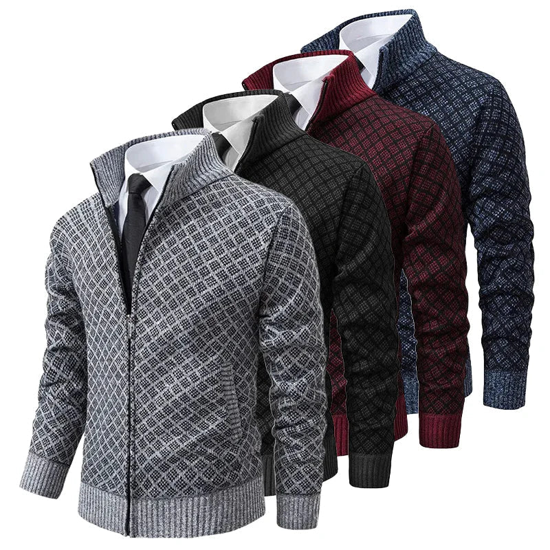 Heren Cardigan met Rits, Staande Kraag en Ruitjespatroon