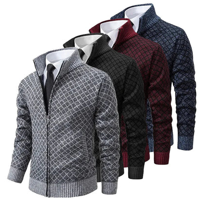 Heren Cardigan met Rits, Staande Kraag en Ruitjespatroon