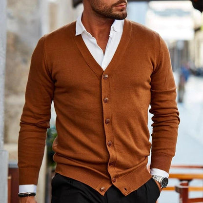 Heren Cardigan met V-hals en Knoopsluiting Donkerbruin