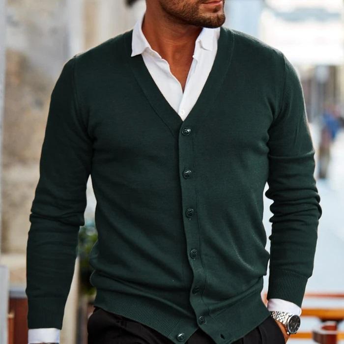 Heren Cardigan met V-hals en Knoopsluiting Donkergroen