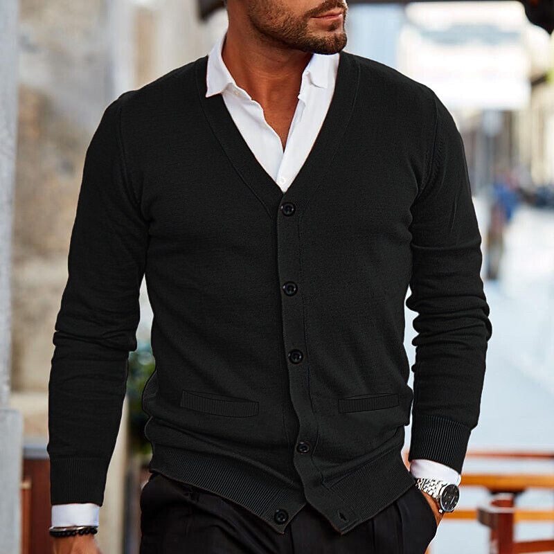 Heren Cardigan met V-hals en Knoopsluiting Zwart