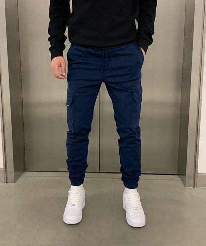 Heren Cargo Broek Slim Fit met Taps Toelopende Pijpen en Elastische Boord Marineblauw