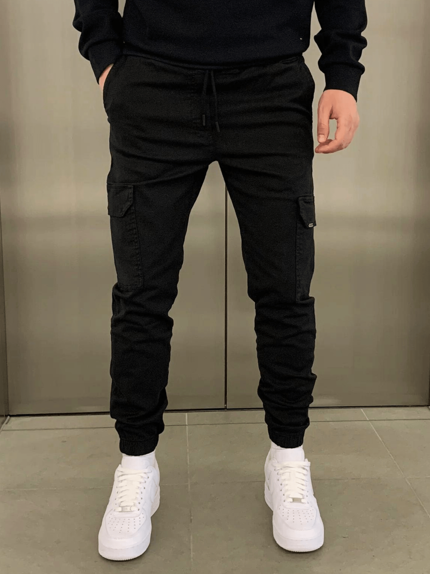 Heren Cargo Broek Slim Fit met Taps Toelopende Pijpen en Elastische Boord Zwart