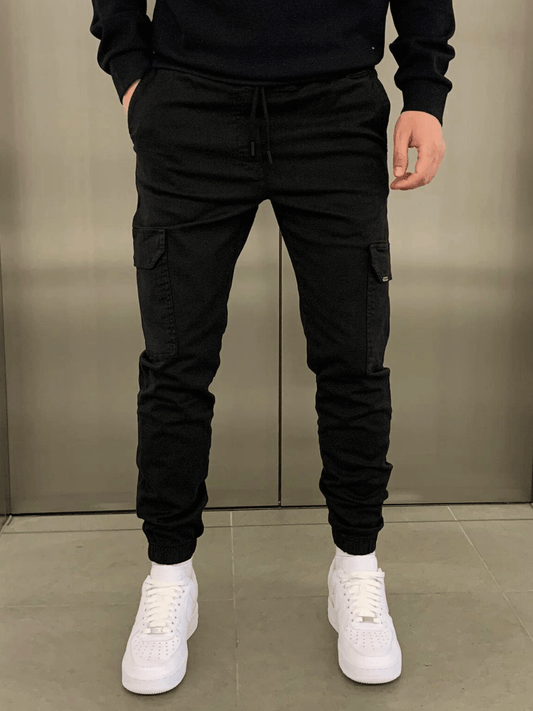 Heren Cargo Broek Slim Fit met Taps Toelopende Pijpen en Elastische Boord Zwart