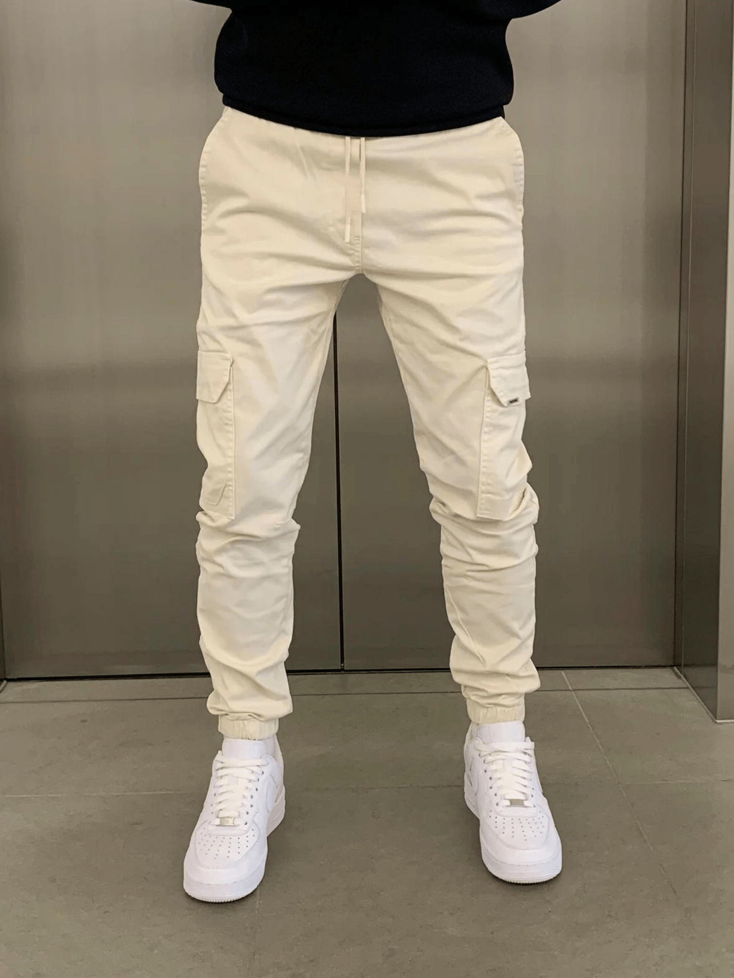 Heren Cargo Broek Slim Fit met Taps Toelopende Pijpen en Elastische Boord Beige