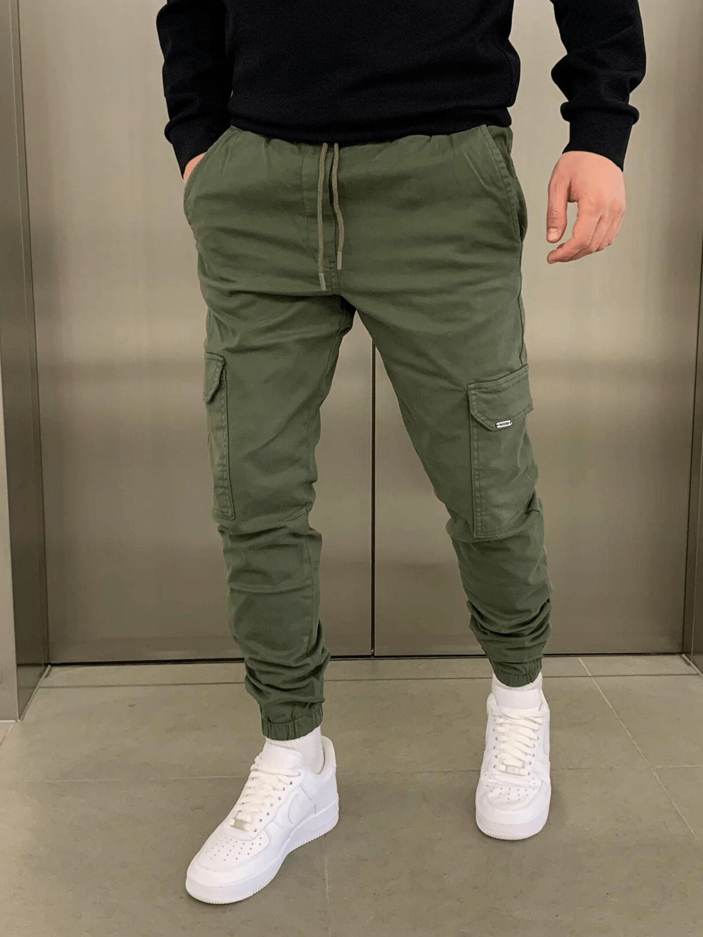 Heren Cargo Broek Slim Fit met Taps Toelopende Pijpen en Elastische Boord Groen