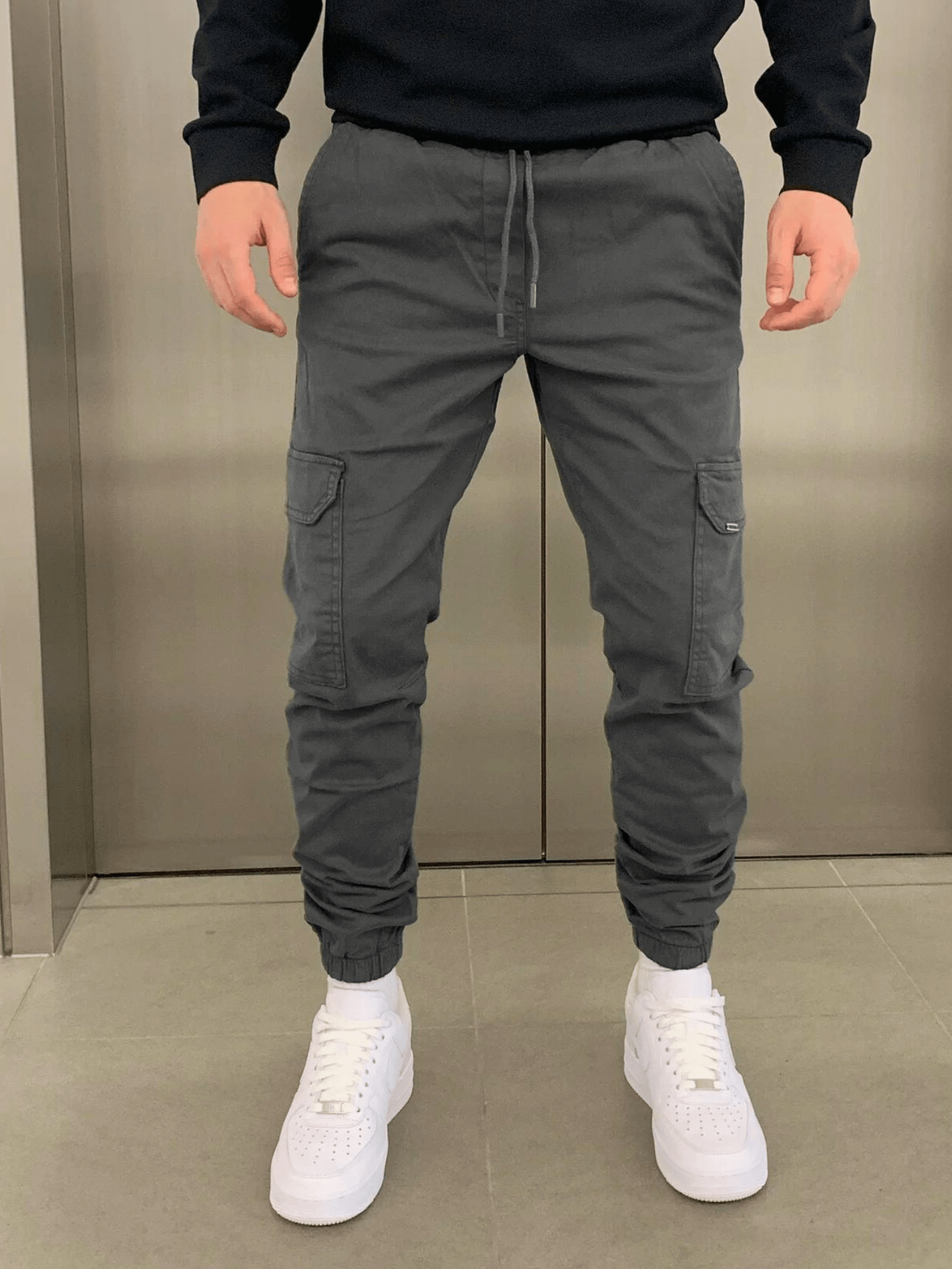 Heren Cargo Broek Slim Fit met Taps Toelopende Pijpen en Elastische Boord Grijs