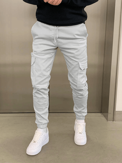 Heren Cargo Broek Slim Fit met Taps Toelopende Pijpen en Elastische Boord Lichtgrijs