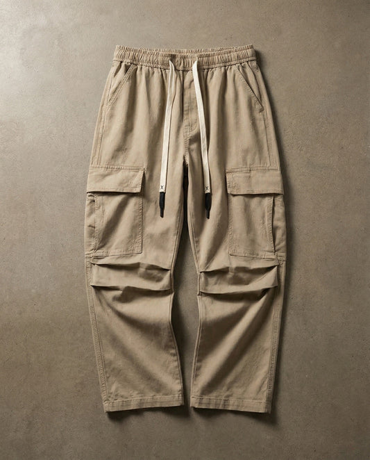Heren Cargo Broek Wide Leg met Elastische Taille en Grote Zakken Khaki