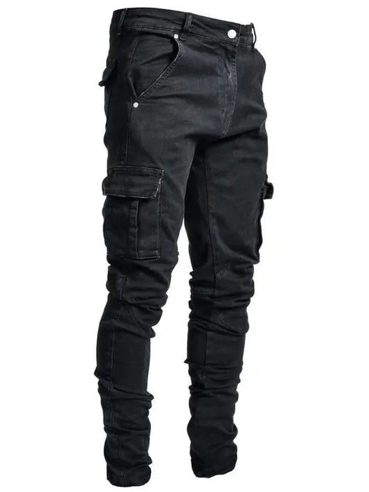 Heren Cargo Jeans Slim Fit met Gestapelde Pijpen en Zijzakken Zwart