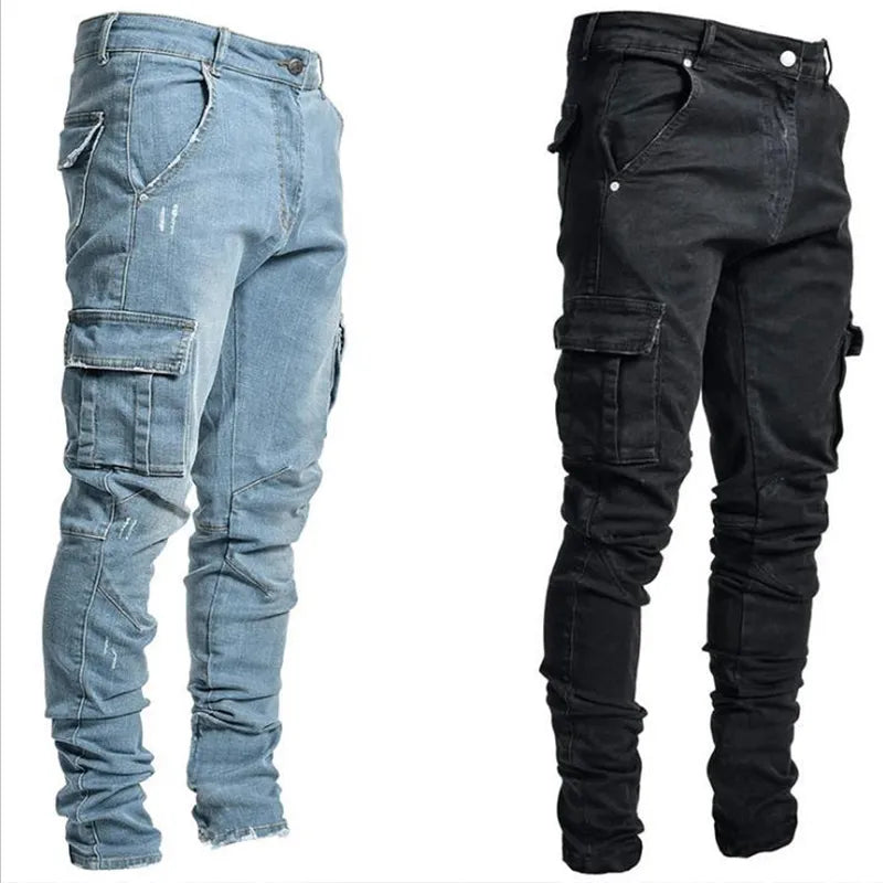 Heren Cargo Jeans Slim Fit met Gestapelde Pijpen en Zijzakken