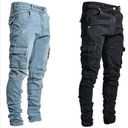 Heren Cargo Jeans Slim Fit met Gestapelde Pijpen en Zijzakken