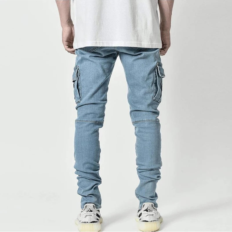 Heren Cargo Jeans Slim Fit met Gestapelde Pijpen en Zijzakken
