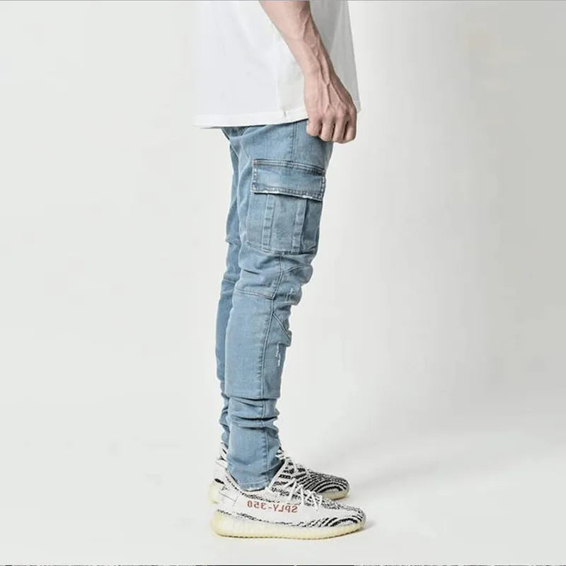 Heren Cargo Jeans Slim Fit met Gestapelde Pijpen en Zijzakken
