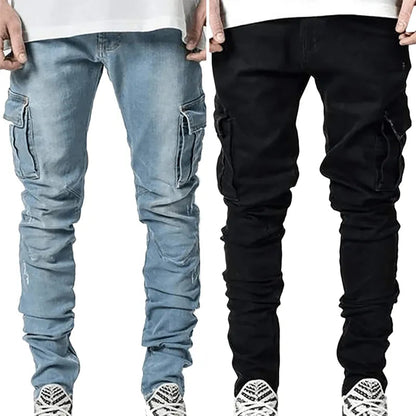 Heren Cargo Jeans Slim Fit met Gestapelde Pijpen en Zijzakken
