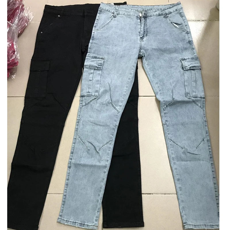 Heren Cargo Jeans Slim Fit met Gestapelde Pijpen en Zijzakken