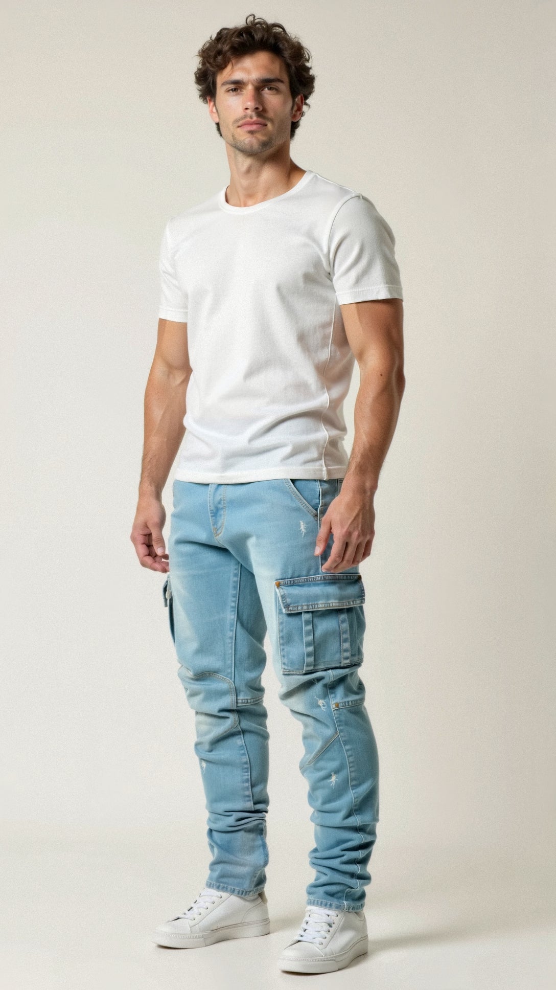 Heren Cargo Jeans Slim Tapered met Zijzakken en Stacked Leg Blauw
