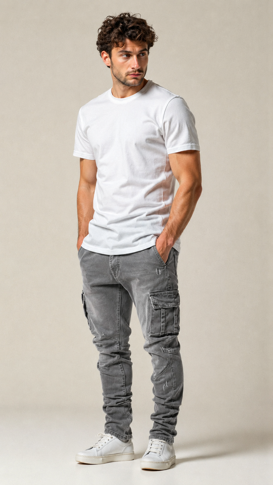 Heren Cargo Jeans Slim Tapered met Zijzakken en Stacked Leg Grijs