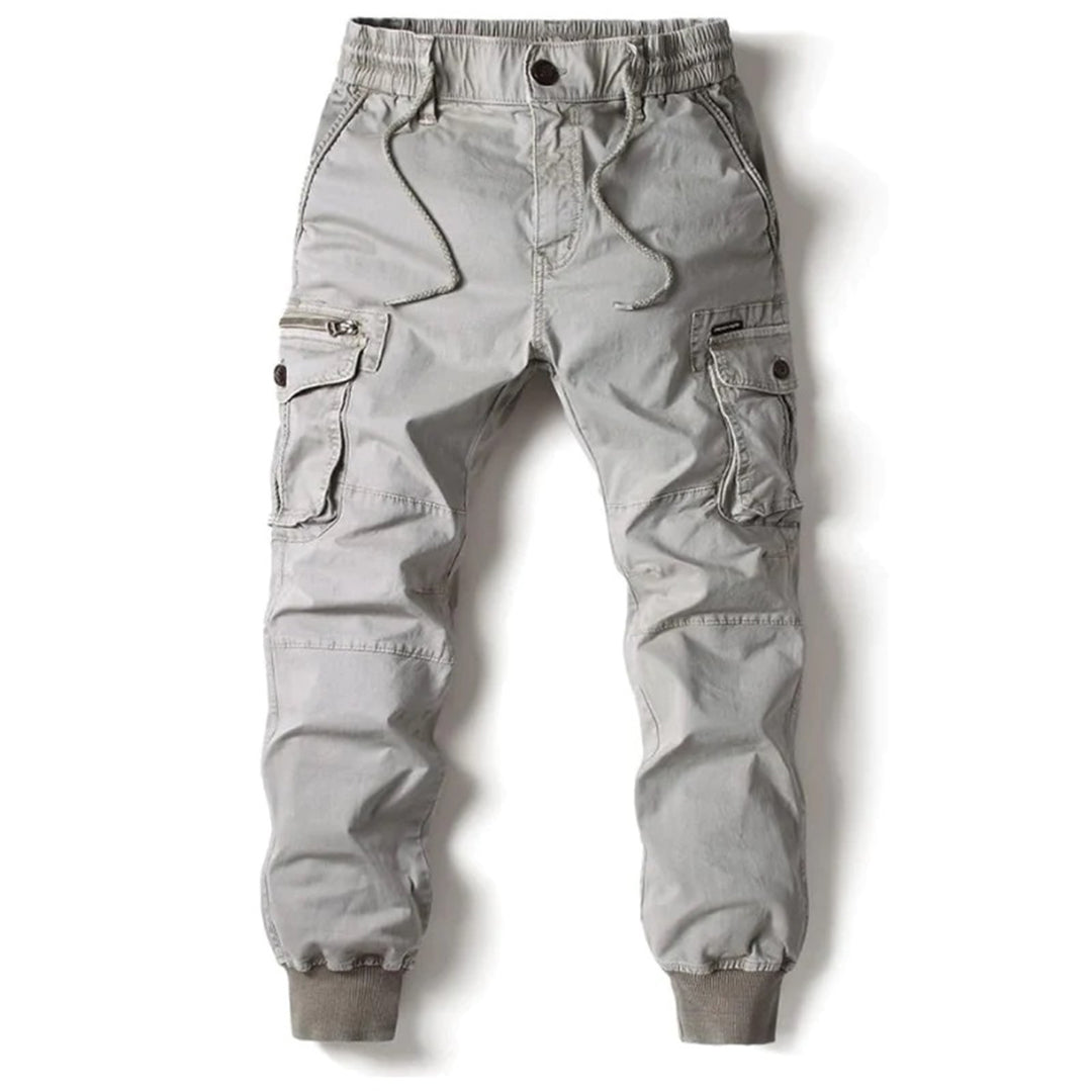 Heren Cargo Jogger Broek met Taps Toelopende Pijpen en Elastische Taille Lichtgrijs