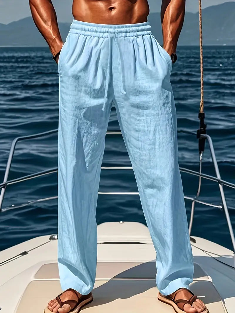 Heren Casual Broek met Elastische Taille en Koordjes en Wijde Pasvorm Lichtblauw