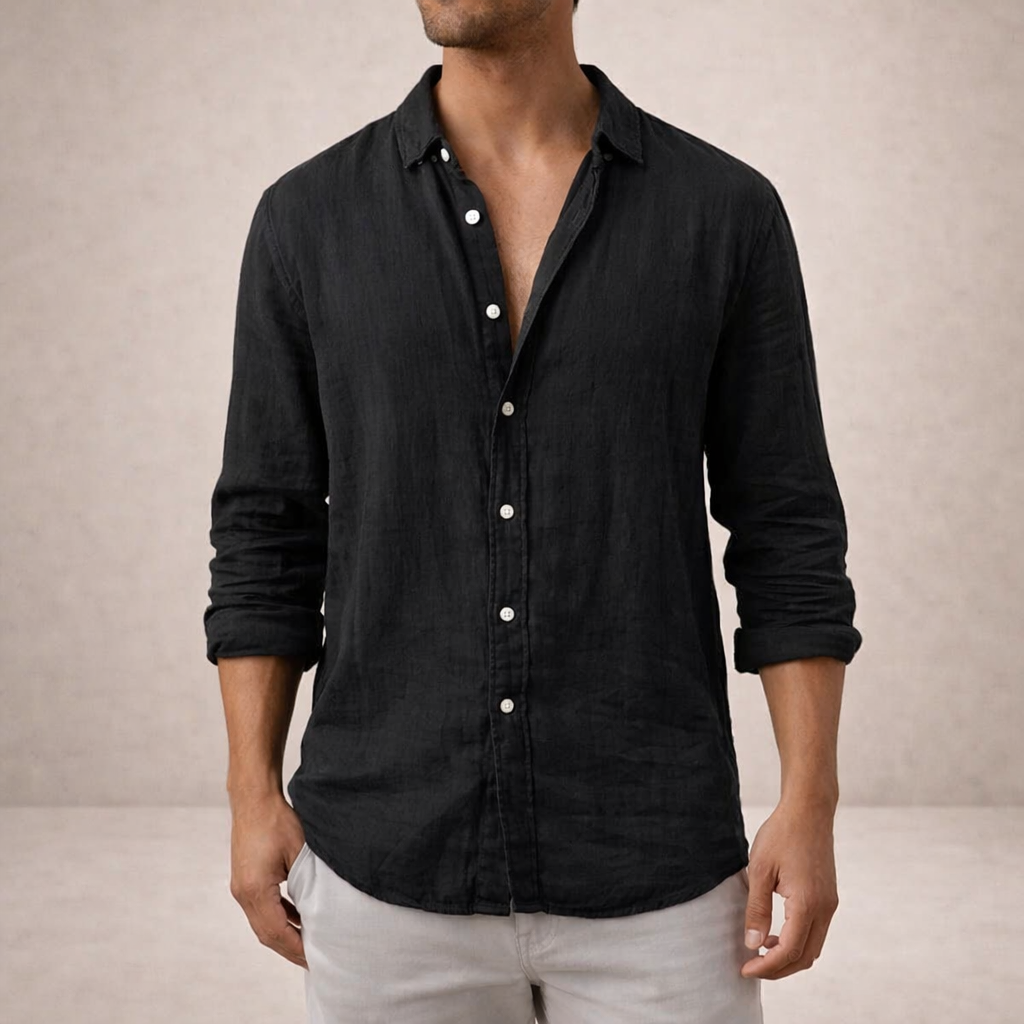 Heren Casual Shirt Lange Mouw met Klassieke Kraag en Knoopsluiting Zwart