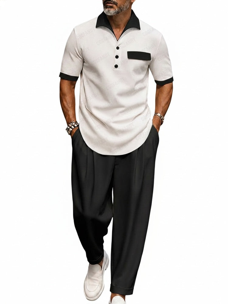 Heren Clothing Set Korte Mouw met Contrastkraag en Wijde Broek