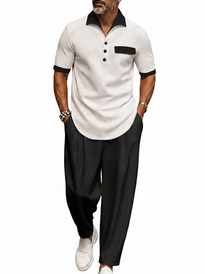 Heren Clothing Set Korte Mouw met Contrastkraag en Wijde Broek