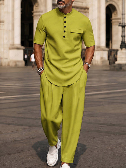 Heren Clothing Set Korte Mouw met Contrastkraag en Wijde Broek Groen