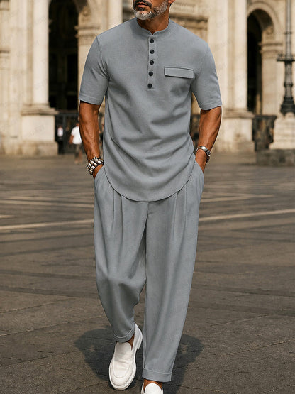 Heren Clothing Set Korte Mouw met Contrastkraag en Wijde Broek Grijs