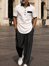Heren Clothing Set Korte Mouw met Contrastkraag en Wijde Broek