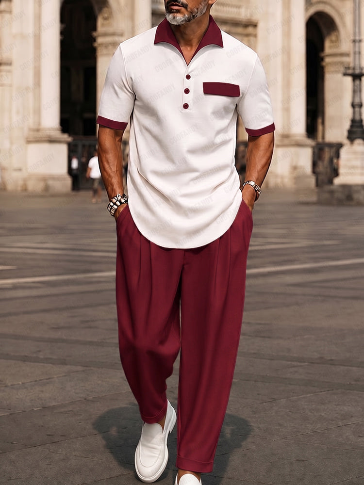 Heren Clothing Set Korte Mouw met Contrastkraag en Wijde Broek Zwart Rood