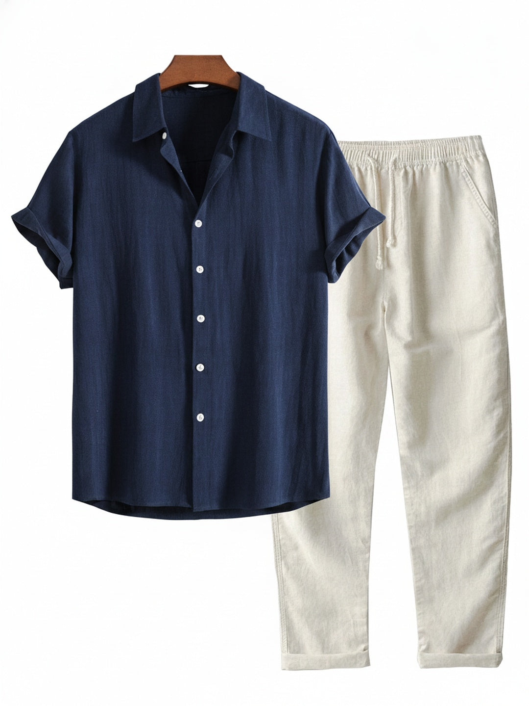 Heren Clothing Set Korte Mouw Shirt met Staande Kraag en Lange Broek