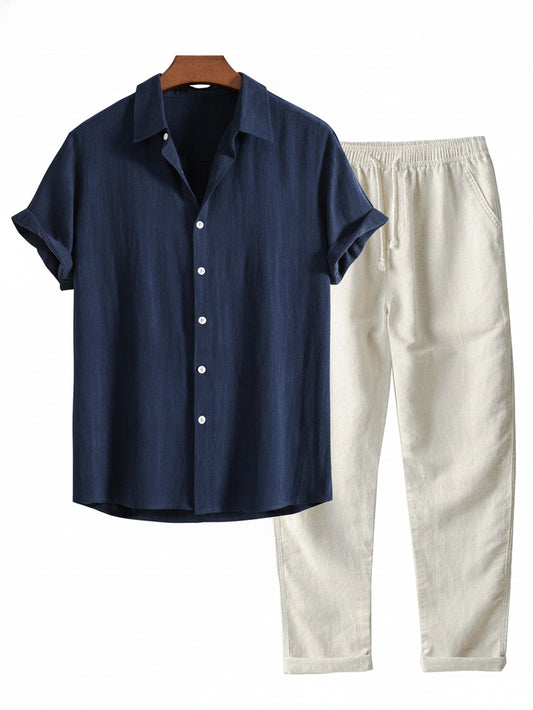 Heren Clothing Set Korte Mouw Shirt met Staande Kraag en Lange Broek