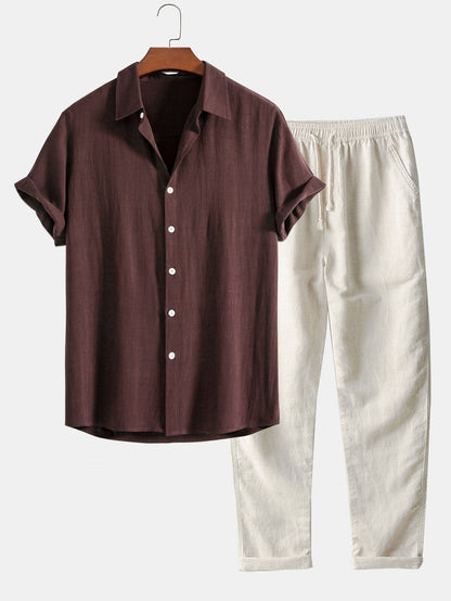 Heren Clothing Set Korte Mouw Shirt met Staande Kraag en Lange Broek Bruin