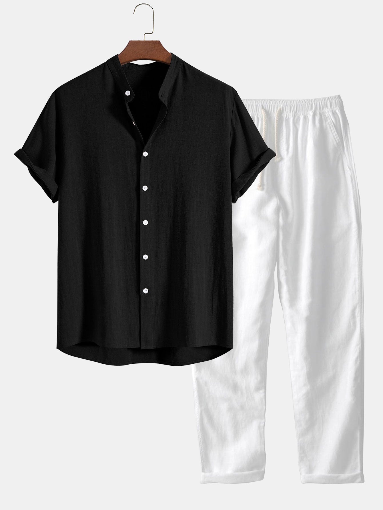 Heren Clothing Set Korte Mouw Shirt met Staande Kraag en Lange Broek Zwart