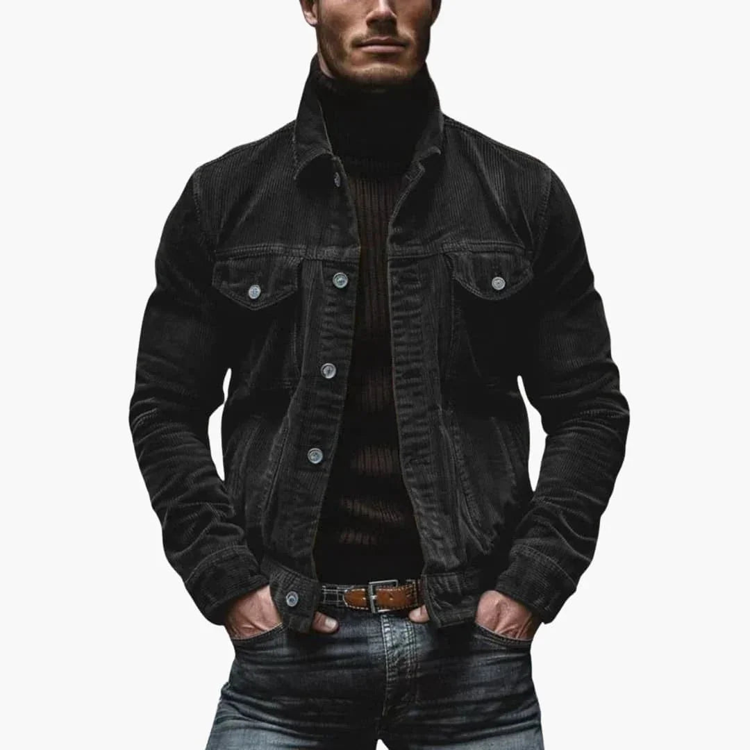Heren Cord Jacket met Revers Kraag en Borstzakken Regular Fit Zwart