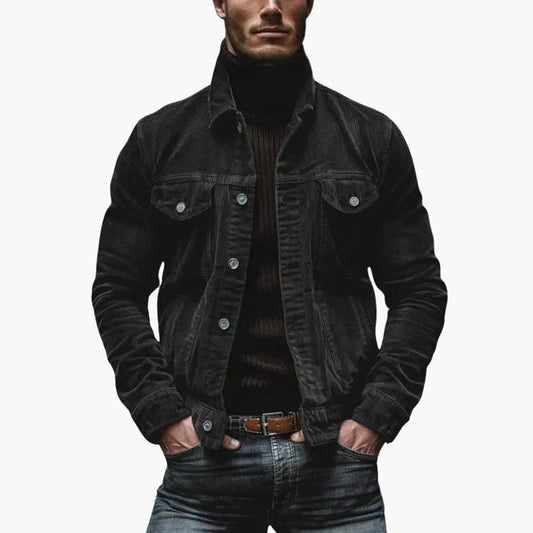 Heren Cord Jacket met Revers Kraag en Borstzakken Regular Fit Zwart