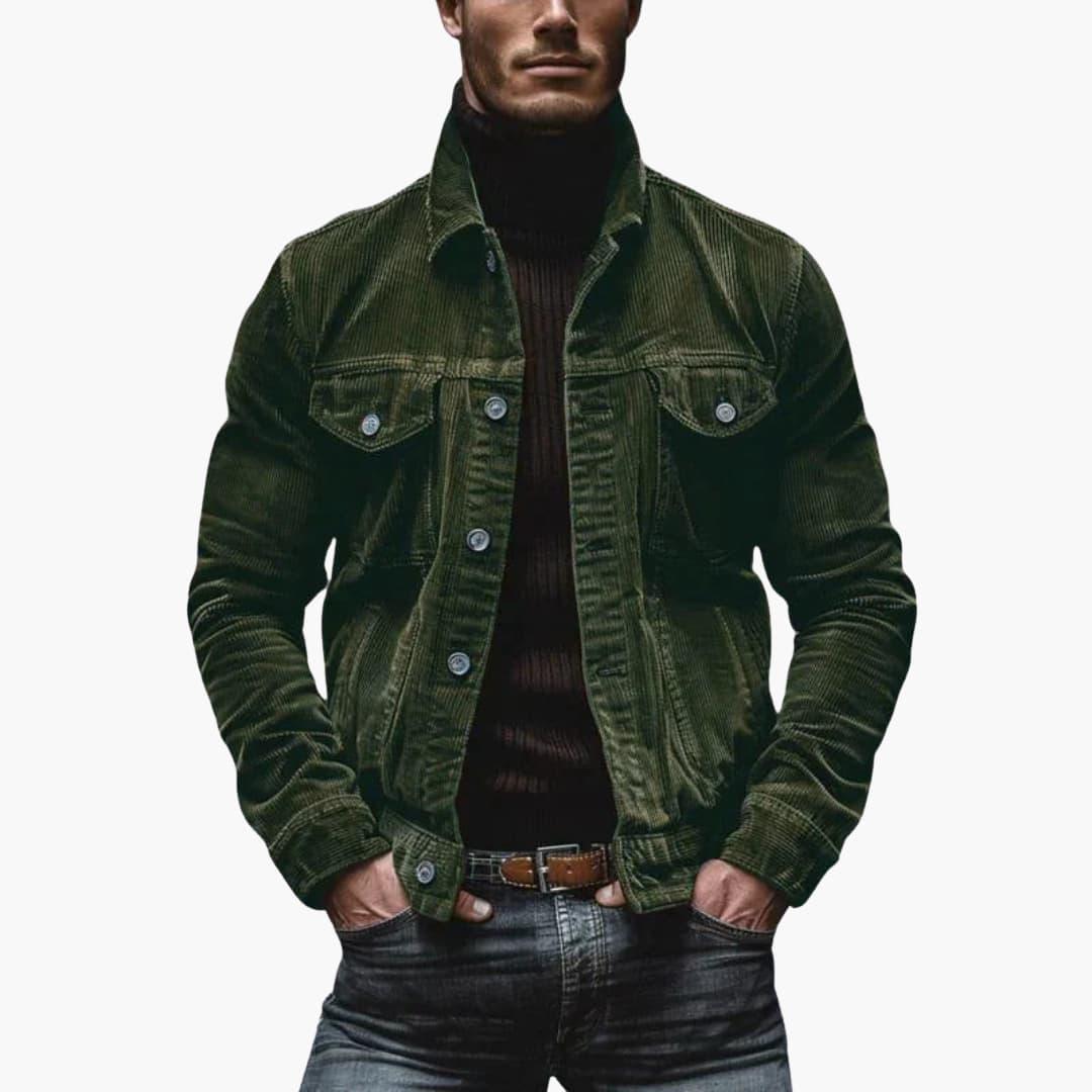 Heren Cord Jacket met Revers Kraag en Borstzakken Regular Fit Olijfgroen
