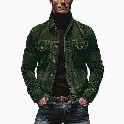 Heren Cord Jacket met Revers Kraag en Borstzakken Regular Fit Olijfgroen